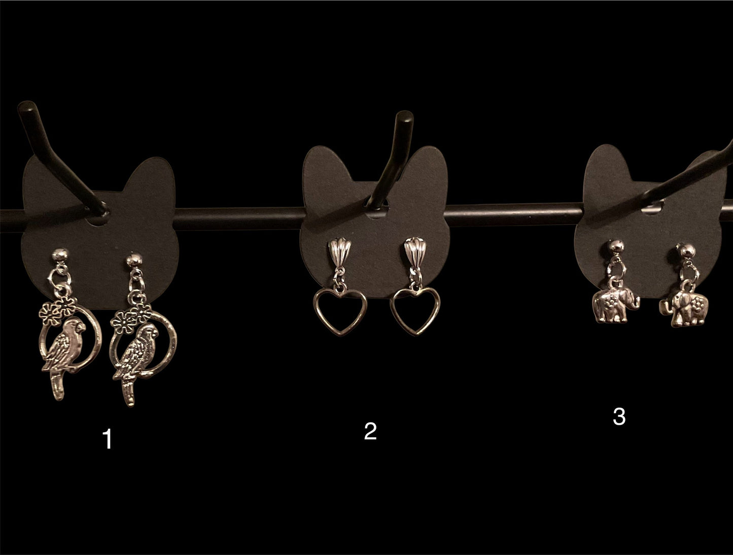 Bird, Heart, and Elephant Post Earrings